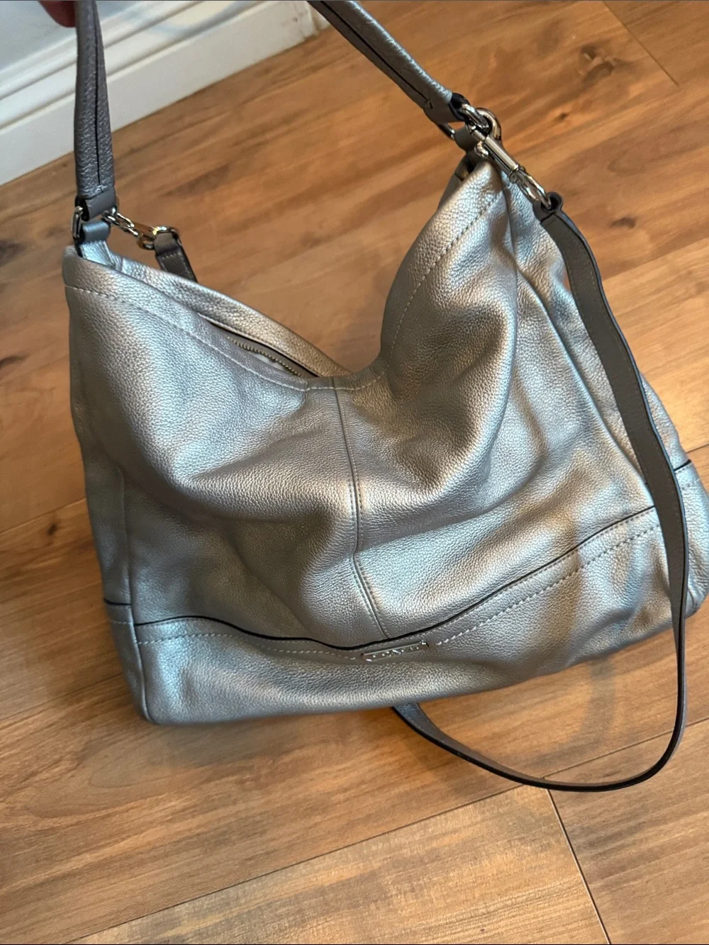 Coach Pebbled Leather Shoulder Bag in metallic silver
